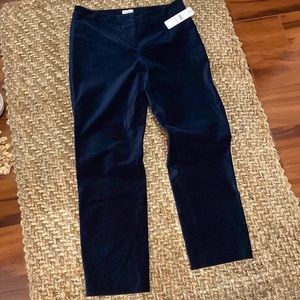 Deep blue velveteen tuxedo like style, hidden closures, welt pockets in back